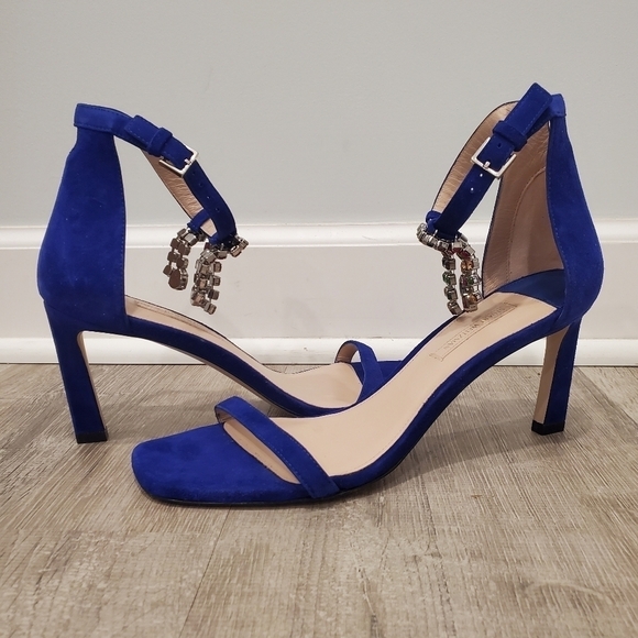 NEW Stuart Weitzman Fringe Embellished Suede Sandals Blue Violet - Picture 2 of 7